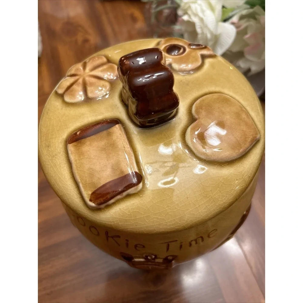 Vintage Pottery Cookie‎ Jar grandfather Clock Rocking Chair Amber lid brown
